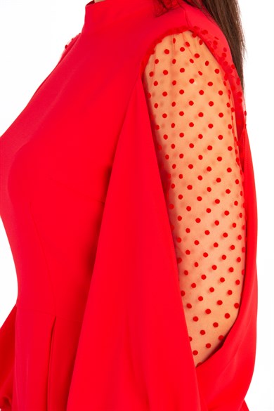 Tulle Balloon Sleeve Flare Dress - Red