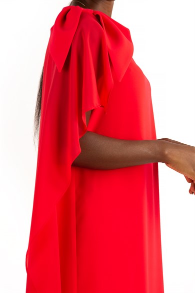 Tulle Cape Elegant Dress - Red