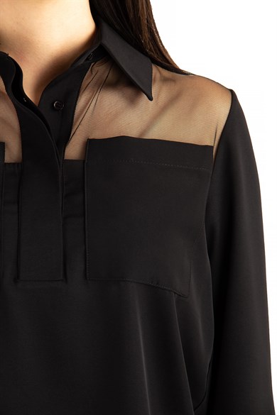 Tulle Chest Classic Blouse - Black