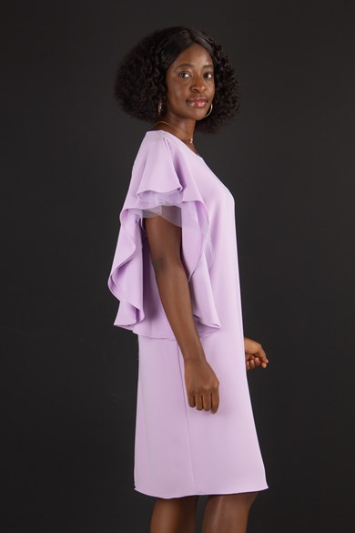 Tulle Frill Short Sleeve Big Size Dress - Lilac
