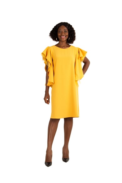 Tulle Frill Short Sleeve Big Size Dress - Mustard