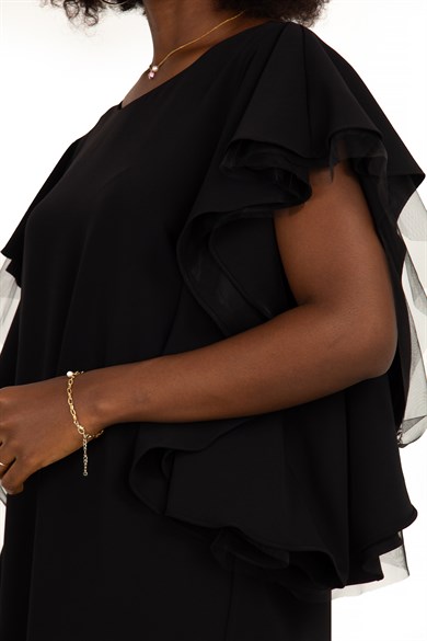 Tulle Frill Short Sleeve Big Size Dress - Black