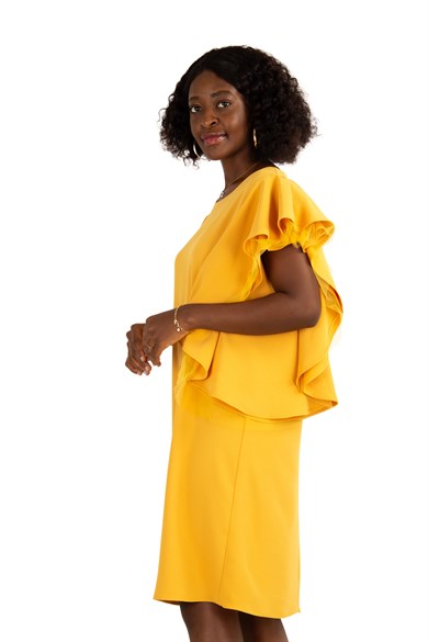 Tulle Frill Short Sleeve Dress - Mustard