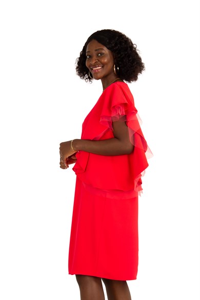 Tulle Frill Short Sleeve Dress - Red