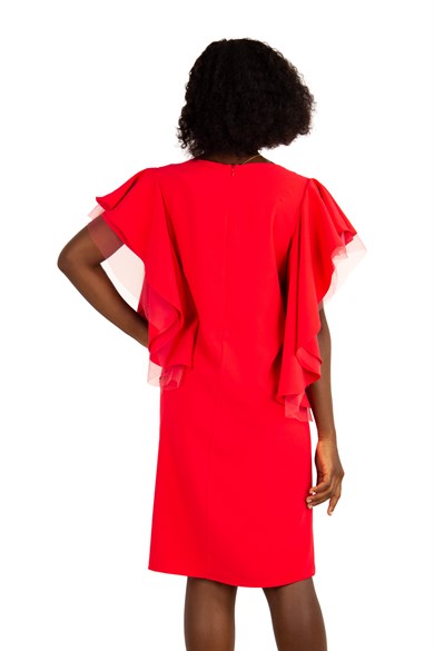 Tulle Frill Short Sleeve Dress - Red