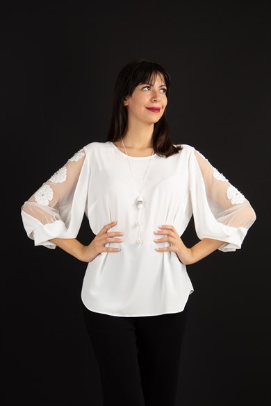 Tulle Sleeve and Stone Big Size Dress - White