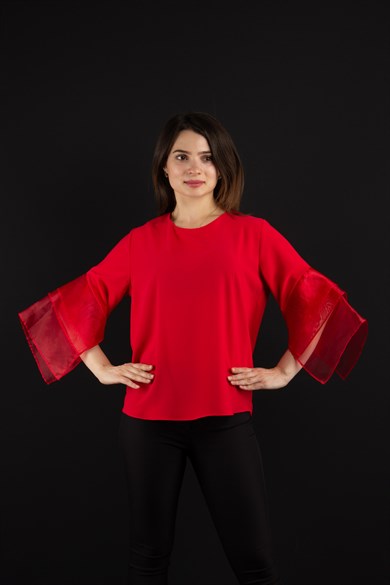 Tulle Sleeve Blouse - Red
