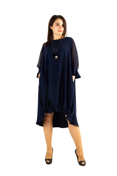 Tulle Sleeve Oversize Dress - Navy Blue