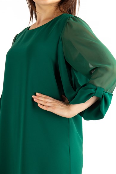 Tulle-Sleeve Plain Midi Big Size Dress - Emerald Green
