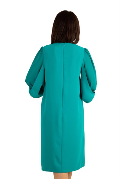 Tulle-Sleeve Plain Midi Big Size Dress - Benetton Green