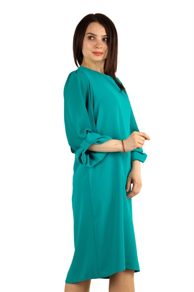 Tulle-Sleeve Plain Midi Big Size Dress - Benetton Green