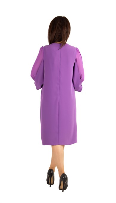 Tulle-Sleeve Plain Midi Big Size Dress - Purple