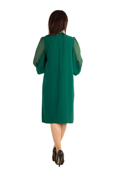 Tulle-Sleeve Plain Midi Big Size Dress - Emerald Green