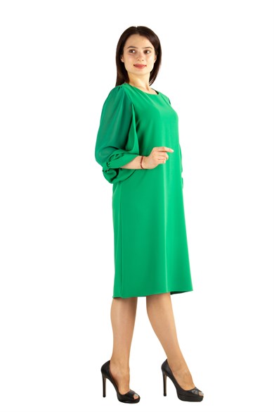 Tulle-Sleeve Plain Midi Big Size Dress - Grass Green