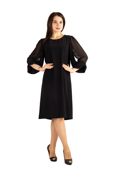 Tulle-Sleeve Plain Midi Big Size Dress - Black