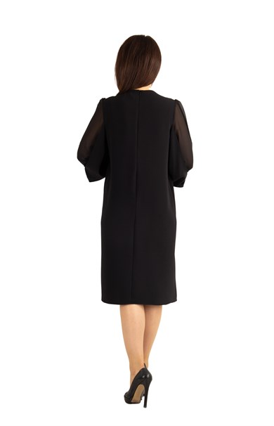 Tulle-Sleeve Plain Midi Big Size Dress - Black