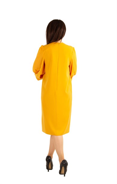 Tulle-Sleeve Plain Midi Big Size Dress - Mustard