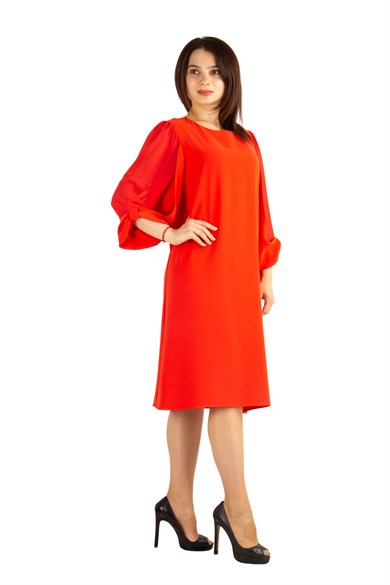 Tulle-Sleeve Plain Midi Big Size Dress - Orange