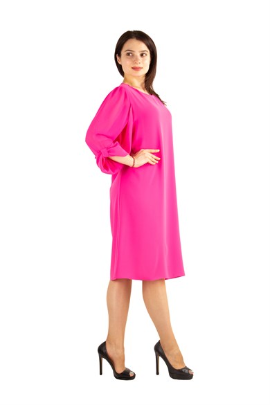 Tulle-Sleeve Plain Midi Big Size Dress
