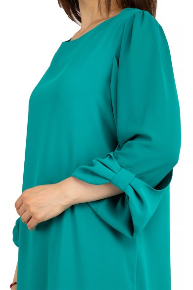 Tulle-Sleeve Plain Midi Dress - Benetton Green