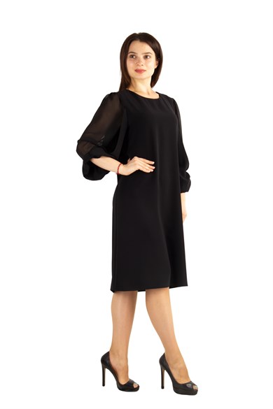 Tulle-Sleeve Plain Midi Dress - Black