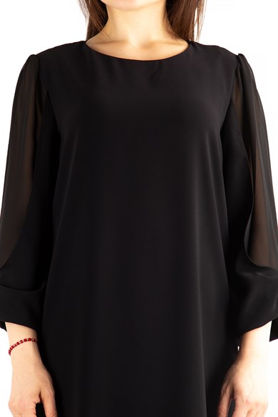 Tulle-Sleeve Plain Midi Dress - Black