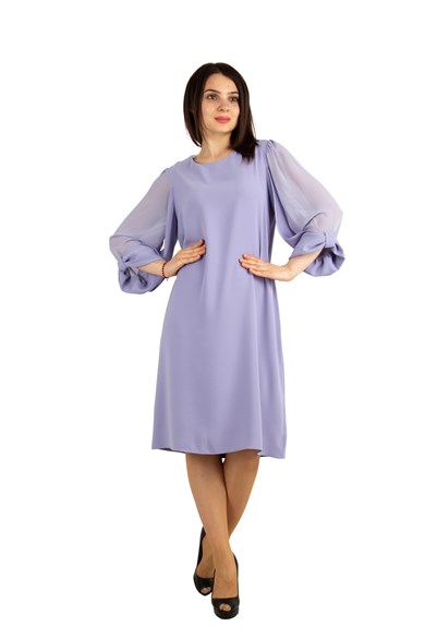 Tulle-Sleeve Plain Midi Dress - Lilac