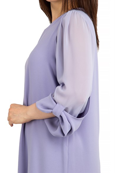 Tulle-Sleeve Plain Midi Dress - Lilac