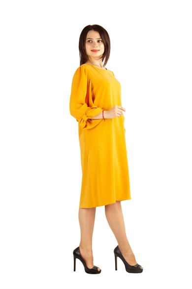Tulle-Sleeve Plain Midi Dress - Mustard