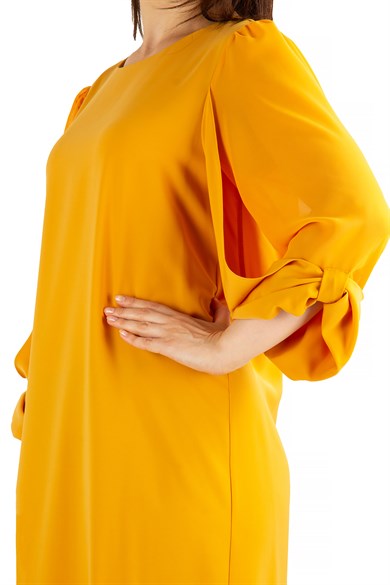Tulle-Sleeve Plain Midi Dress - Mustard