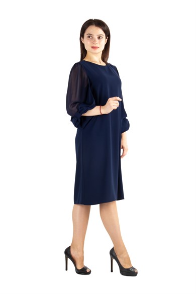 Tulle-Sleeve Plain Midi Dress - Navy Blue