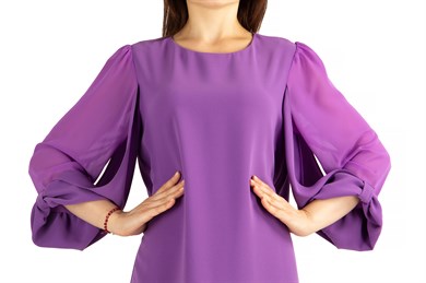 Tulle-Sleeve Plain Midi Dress - Purple