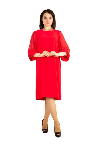 Tulle-Sleeve Plain Midi Dress - Red