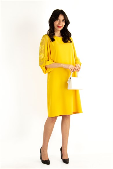Tulle-Sleeve With Flower Detail Plain Midi Dress - Yellow