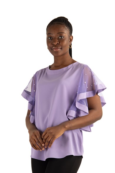 Tulle Stone Detailed Sleeve Big Size Blouse - Lilac