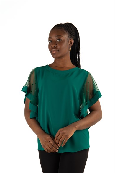 Tulle Stone Detailed Sleeve Big Size Blouse - Emerald Green