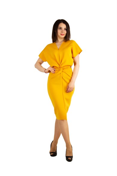 Twist Front Scuba Dress - Mustard