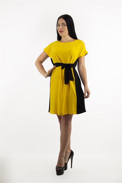 Two Tone Plain Dress With Belt - Yellow