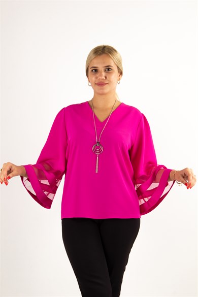 V Neck Bell Sleeve with Tulle Detail Big Size Blouse - Fuchsia