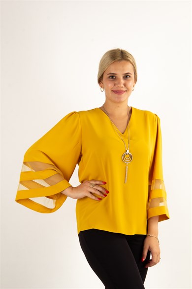 V Neck Bell Sleeve with Tulle Detail Big Size Blouse - Mustard