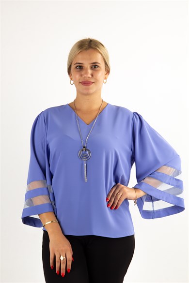 V Neck Bell Sleeve with Tulle Detail Big Size Blouse - Indigo