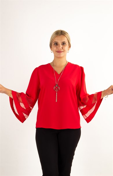 V Neck Bell Sleeve with Tulle Detail Big Size Blouse - Red