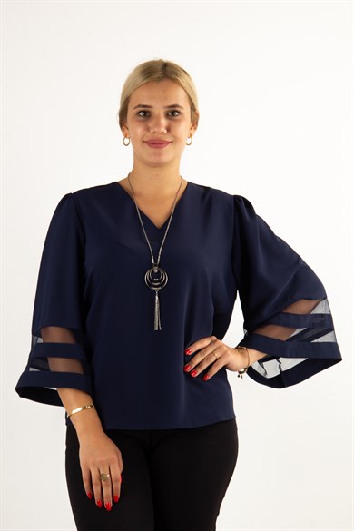 V Neck Bell Sleeve with Tulle Detail Big Size Blouse - Navy Blue