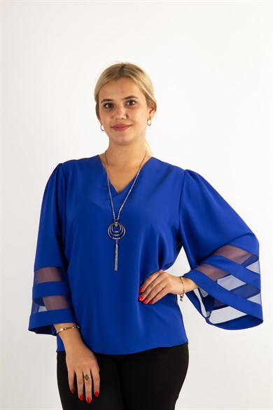 V Neck Bell Sleeve with Tulle Detail Big Size Blouse - Saxe