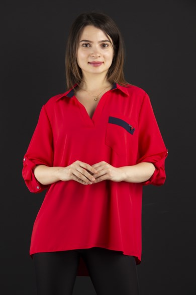 V Neck Big Size Blouse With Brooch Detail - Red