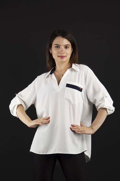 V Neck Big Size Blouse With Brooch Detail - White