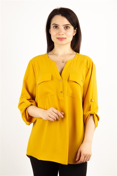 V Neck Big Size Blouse With Pocket - Yellow