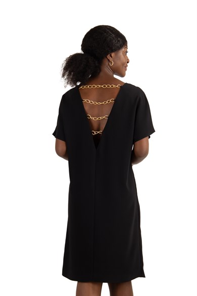 V-Neck Dress With Chain Detail on Neck and Back - Black
