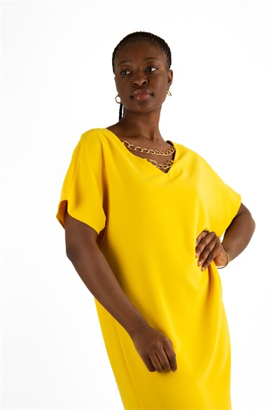 V-Neck Dress With Chain Detail on Neck and Back - Yellow