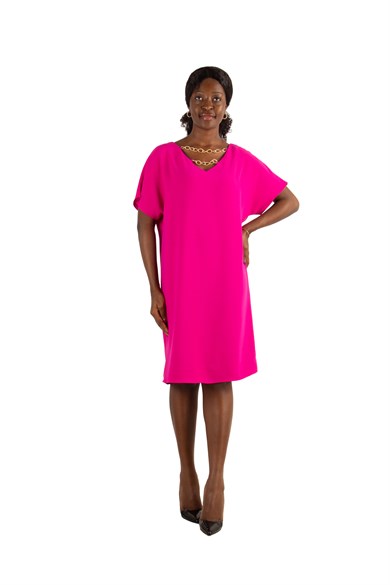 V-Neck Dress With Chain Detail on Neck and Back - Fuchsia